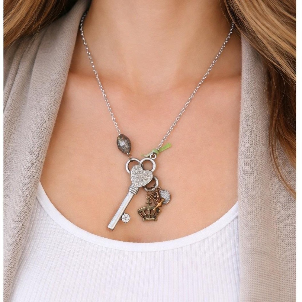 Vintage Charm Necklace Long Drop Key Crown Bird Coin Pendant